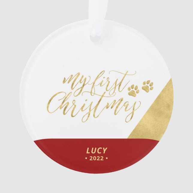 Red & Gold Pet Dog First Christmas Photo Orament (devant)