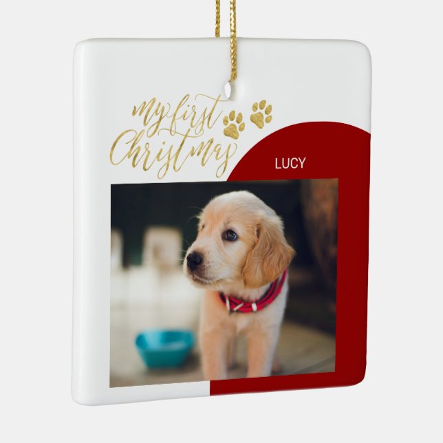 Red & Gold Pet Puppy First Christmas Photo Ceramic Ornament (Right)