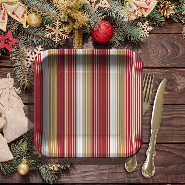 Red Gold Pinstripe Christmas Pattern#28 ID1009 Paper Plate (Creator Uploaded)