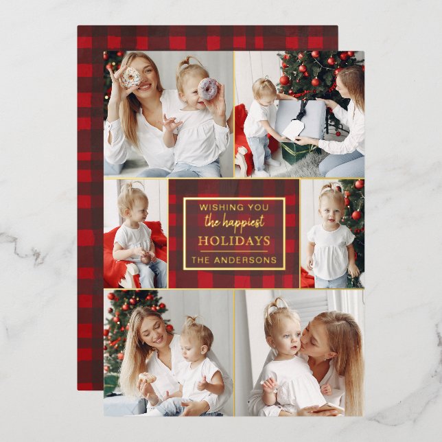 Red Gold Plaid 6 Photos Collage Christmas Foil Holiday Card (Front/Back)