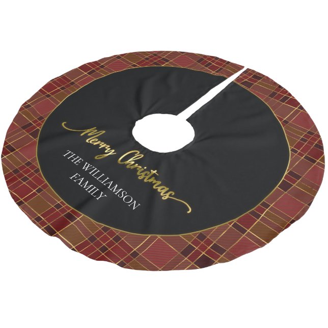 Red Gold Plaid Christmas Tartan Brushed Polyester  Brushed Polyester Tree Skirt (Angled)