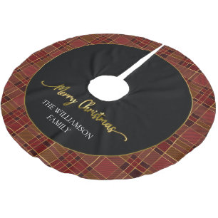 Red Gold Plaid Christmas Tartan Brushed Polyester  Tree Skirt