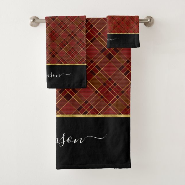 Red Gold Plaid Christmas Tartan Personalized Bath Towel Set (Insitu)