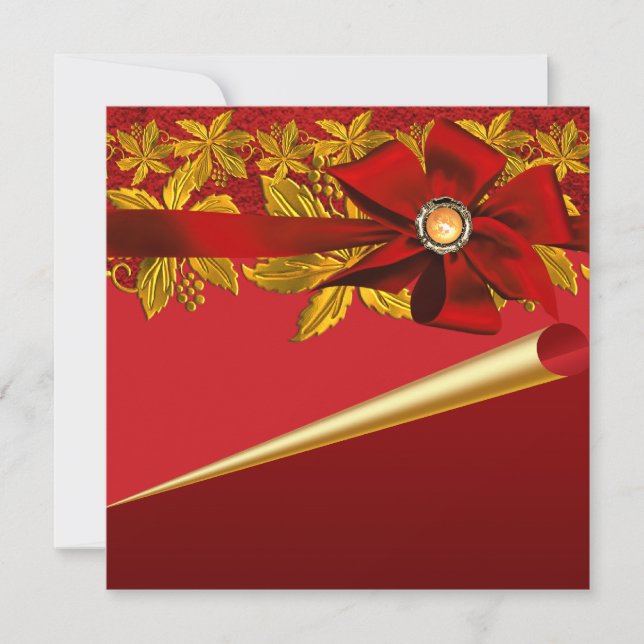 Red Gold Poinsettia Christmas Party Invitations (Front)