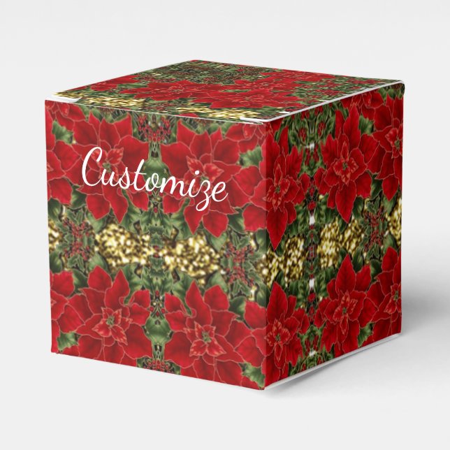 Red & Gold Poinsettia Pattern Cube Favour Box (Front Side)