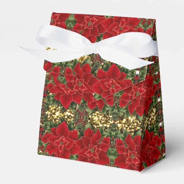Red & Gold Poinsettia Pattern Tent Favour Box (Front Side)