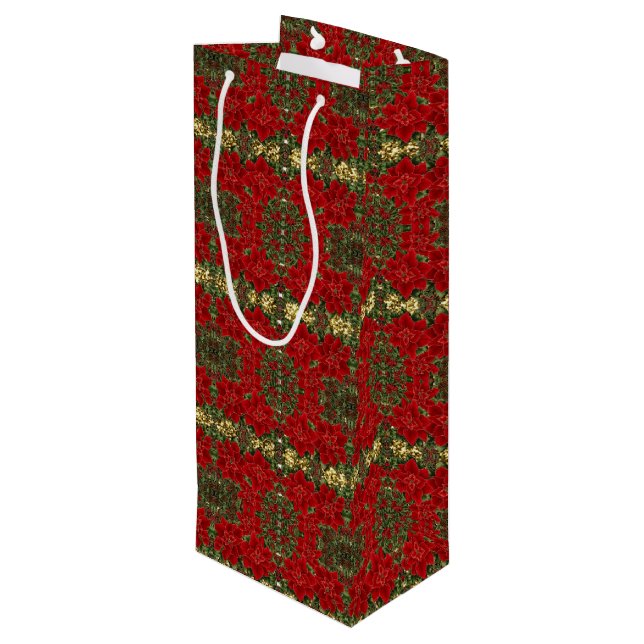 Red & Gold Poinsettia Pattern Wine Gift Bag (Back Angled)