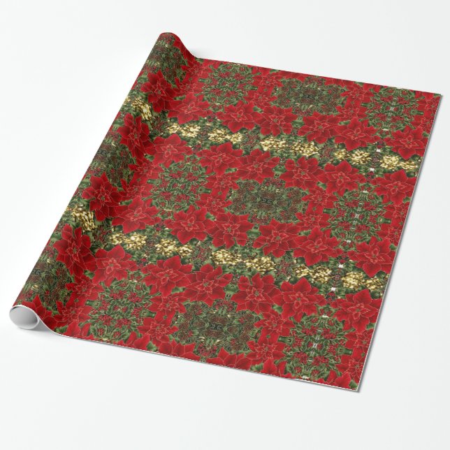 Red & Gold Poinsettia Pattern Wrapping Paper (Unrolled)