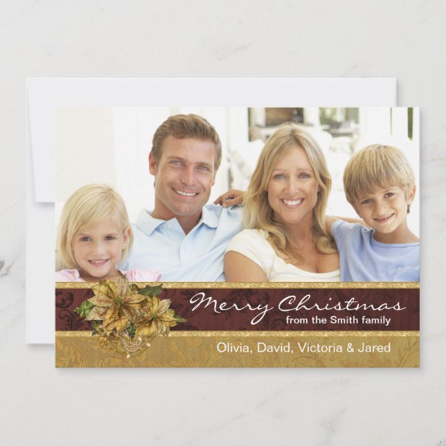 Red Gold Poinsettia Photo Christmas Cards (Front)