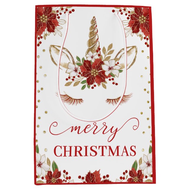 Red & Gold Poinsettia Unicorn Face Merry Christmas Medium Gift Bag (Front)