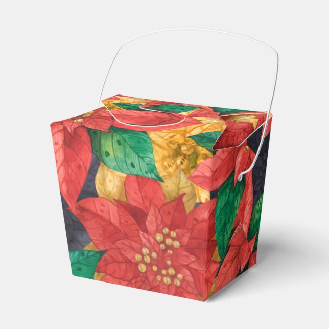Red Gold Poinsettias Christmas Holiday Take Out Favor Box (Front Side)