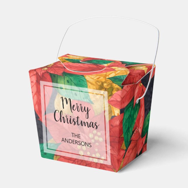 Red Gold Poinsettias Christmas Holiday Take Out Favor Box (Front Side)