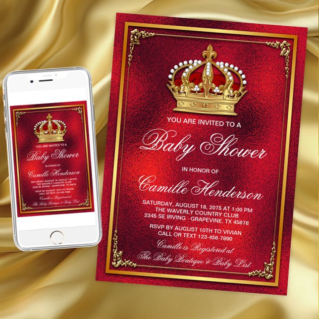 Red Gold Prince Baby Shower Invitation (Red gold prince baby shower any occasion invitation. Download and printed invitations available.)