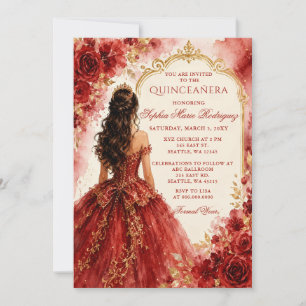 Red Gold Princess Floral Tiara Quinceañera Invitation