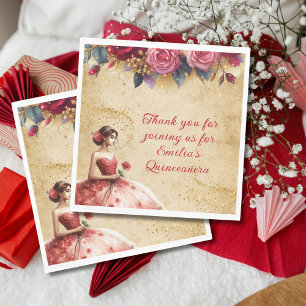 Red Gold Quinceañera Dress Event Partyware Custom Napkin