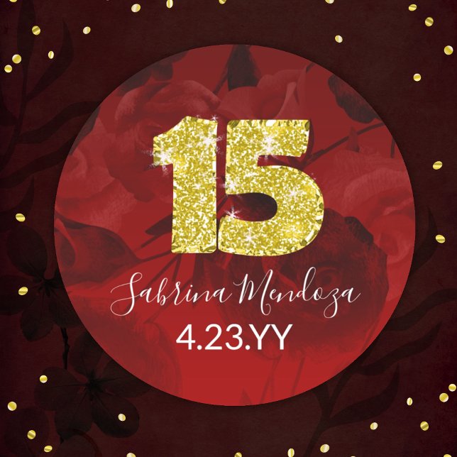 Red, Gold Quinceanera Gold #15 Round Sticker (elegant red quinceanera sticker with gold, glitter number 15, mis quince anos, personalized label)