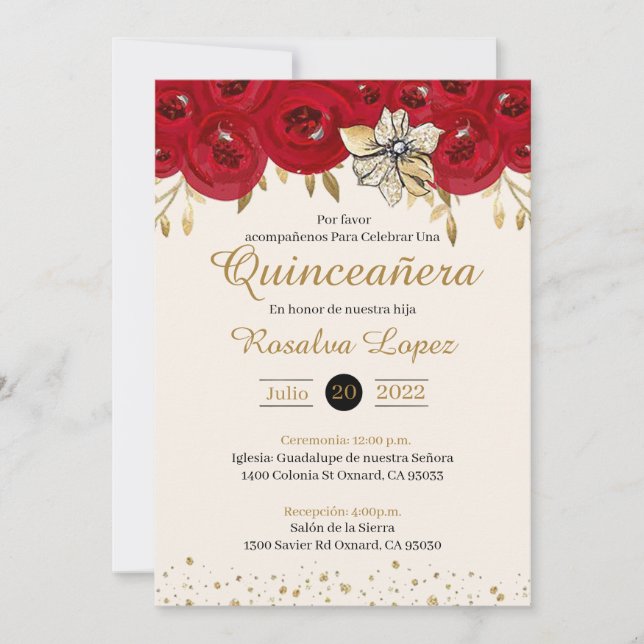 Red Gold Quinceanera Invitation Gold Red Sweet 16  (Front)