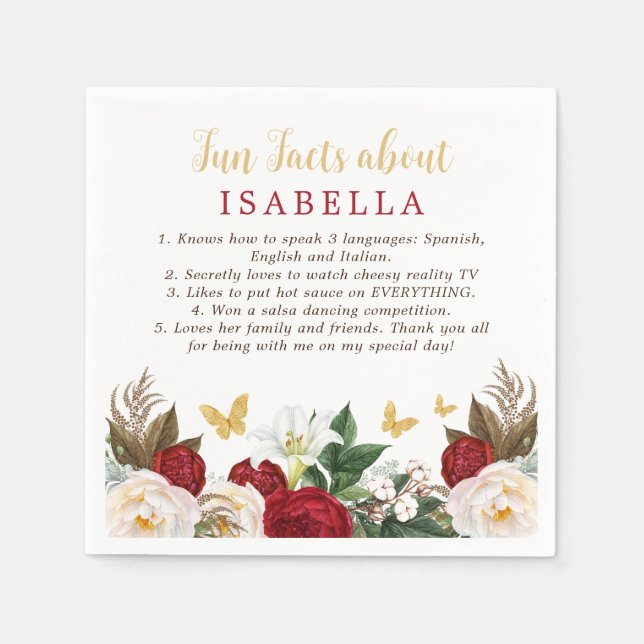 Red Gold Quinceañera Party Fun Facts Napkins (Front)