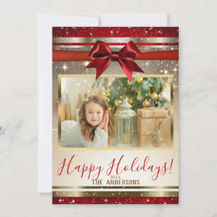 Red Gold Red Bow Sparkle Holiday Photo Card