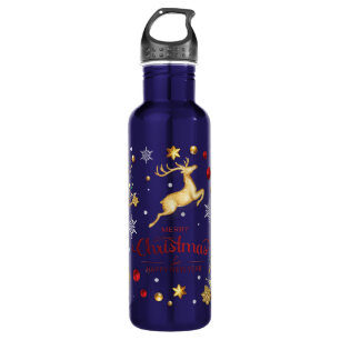 Red  Gold Reindeer Merry Christmas Tree  710 Ml Water Bottle