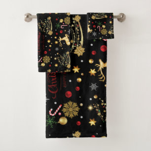 Red Gold Reindeer Merry Christmas Tree Bath Towel Set