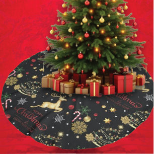 Red Gold Reindeer Merry Christmas Tree Brushed Polyester Tree Skirt