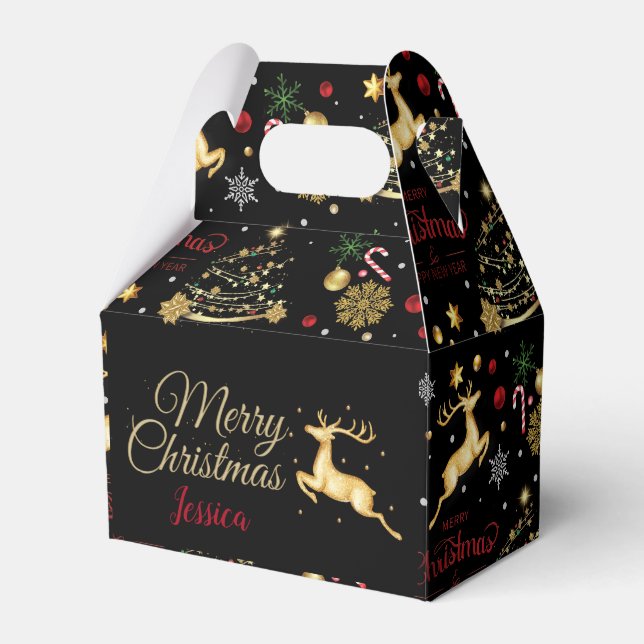 Red  Gold Reindeer Merry Christmas Tree  Favor Box (Front Side)