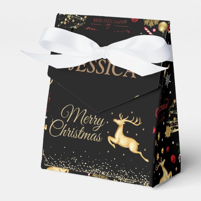 Red  Gold Reindeer Merry Christmas Tree  Favor Box (Front Side)