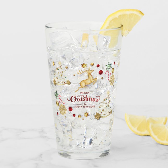 Red  Gold Reindeer Merry Christmas Tree  Glass (Back Ice)