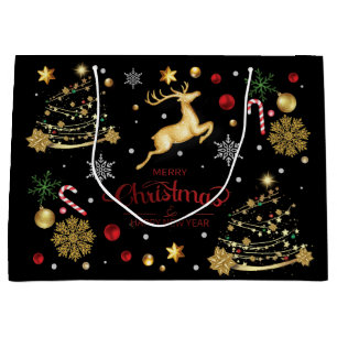 Red Gold Reindeer Merry Christmas Tree Large Gift Bag