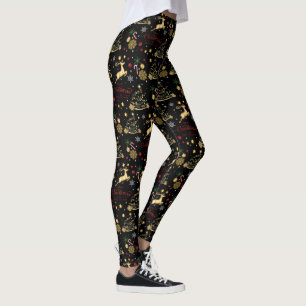 Red Gold Reindeer Merry Christmas Tree Leggings