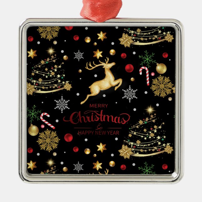 Red  Gold Reindeer Merry Christmas Tree  Metal Ornament (Front)