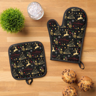 Red  Gold Reindeer Merry Christmas Tree Oven Mitt & Pot Holder Set
