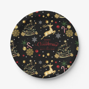 Red Gold Reindeer Merry Christmas Tree Paper Plate