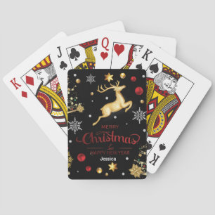 Red  Gold Reindeer Merry Christmas Tree Playing Cards