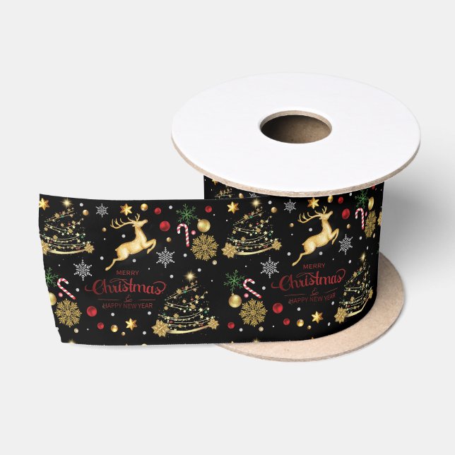 Red  Gold Reindeer Merry Christmas Tree  Satin Ribbon (Spool)