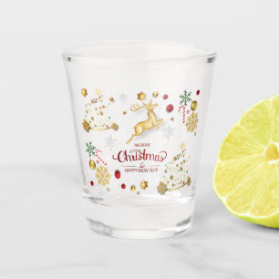 Red  Gold Reindeer Merry Christmas Tree   Shot Glass