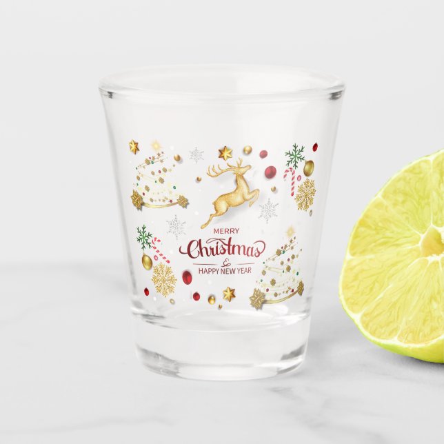 Red  Gold Reindeer Merry Christmas Tree   Shot Glass (Front)