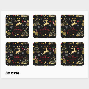 Red  Gold Reindeer Merry Christmas Tree  Square Sticker