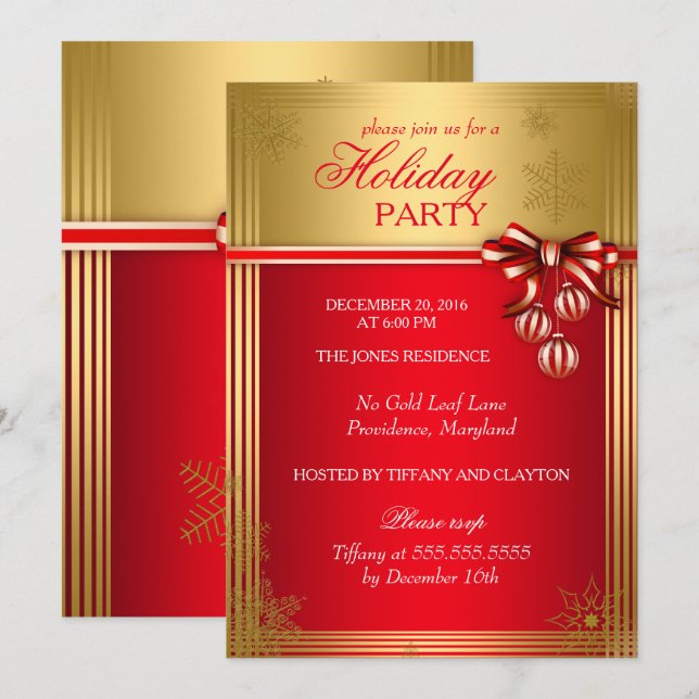 Red Gold Ribbon Bauble Christmas Holiday Invite (Front/Back)