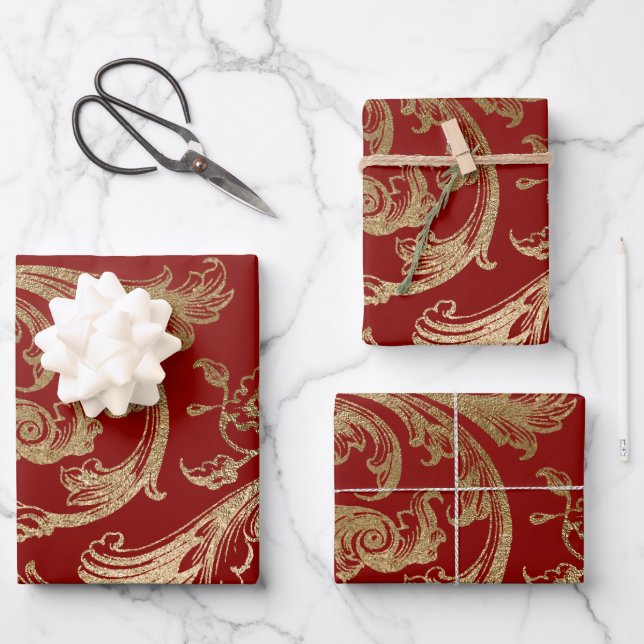 Red Gold Rococo Baroque Swirl Wrapping Paper Sheet (Front)