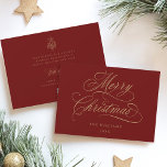 Red & Gold Romantic Merry Christmas Script Flat Holiday Card<br><div class="desc">This simple Christmas flat card features elegant and romantic swirly calligraphy lettering with a winter holly berry bouquet and custom text on the back. For more advanced customization of this design,  please click the BLUE DESIGN TOOL BUTTON above!</div>