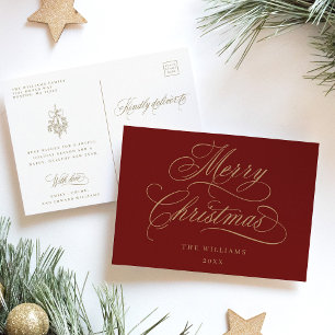 Red & Gold Romantic Merry Christmas Script Holiday Postcard
