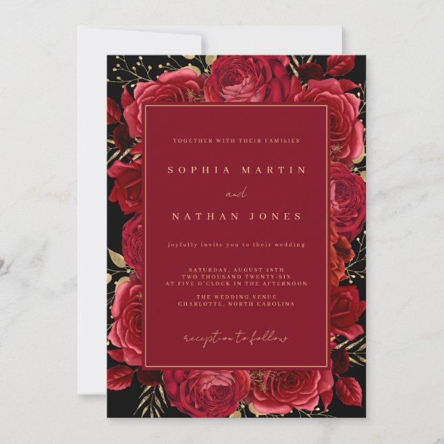 Red Gold Rose Elegant Floral Wedding Invitation (Front)