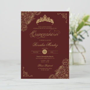 Red & Gold Roses Elegant Quinceañera Invitation