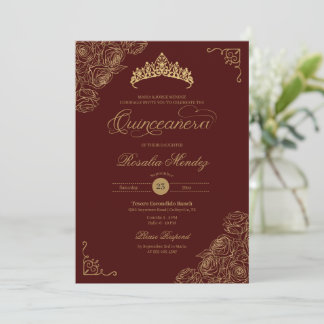 Red & Gold Roses Elegant Quinceañera  Invitation
