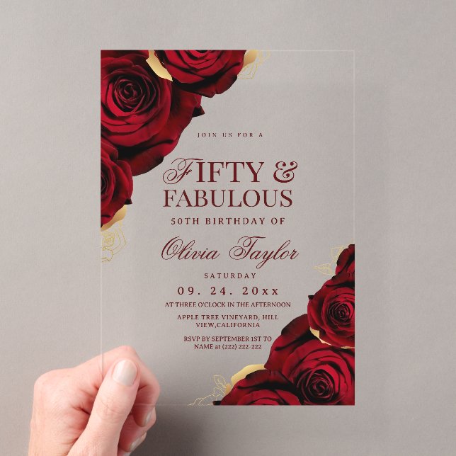 Red Gold Roses Fifty 50th Birthday Acrylic Invitations (Insitu (Handheld))