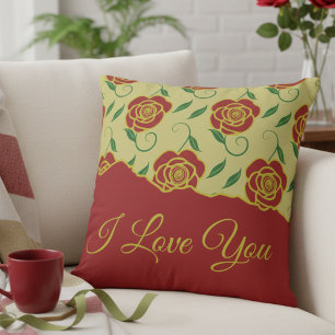 Red Gold Roses Love You Throw Pillow