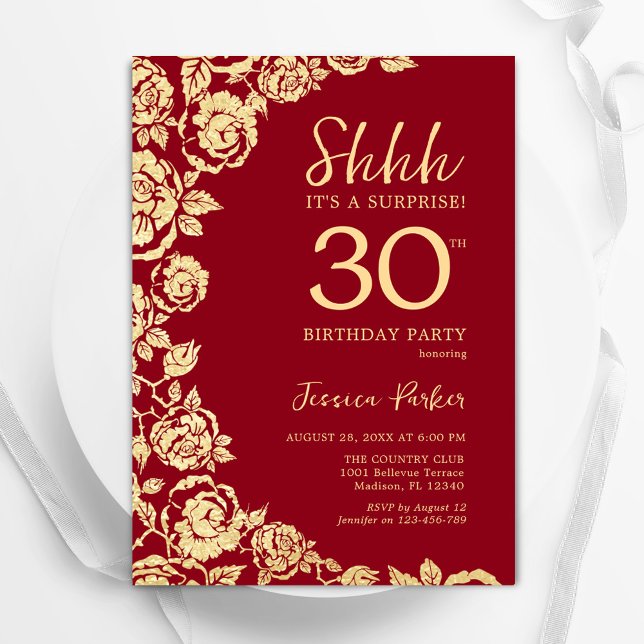 Red Gold Roses Surprise 30th Birthday Invitation (Creator Uploaded)