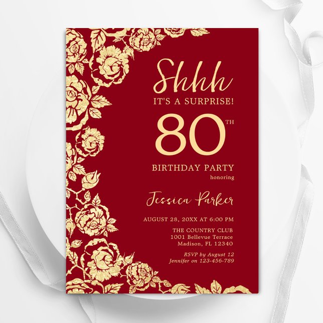 Red Gold Roses Surprise 80th Birthday Invitation (Creator Uploaded)